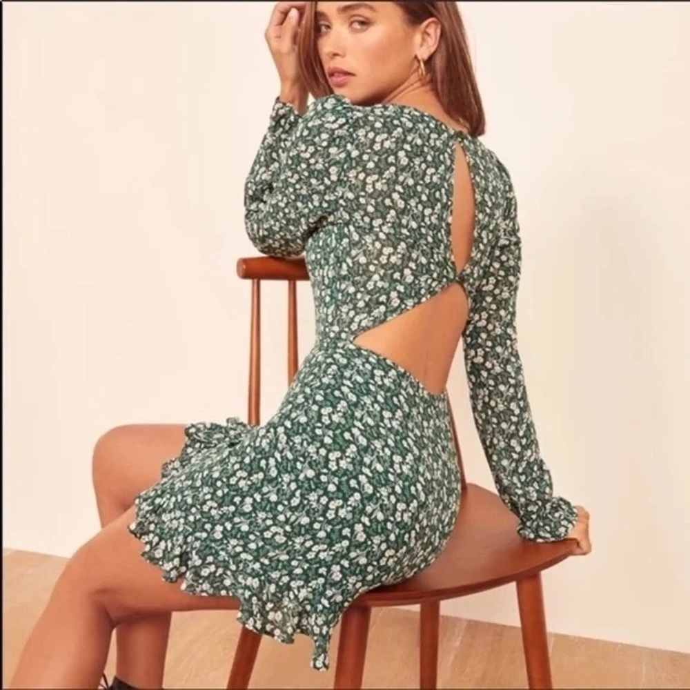 Reformation Eleanor Mini Dress Green Floral Women’s Size 10 Long Sleeves Cut-out
